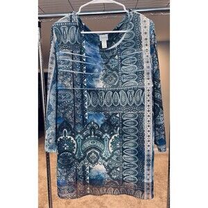 Chico’s Paisley Age Toni Tiered Tee Top Blue Embellished Semi Sheer Women’s 3/Lg